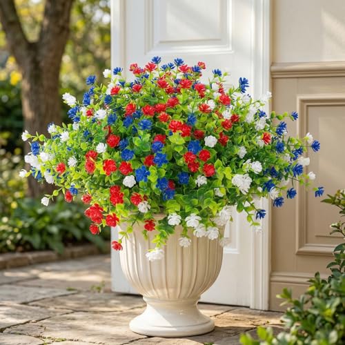Hananona 12 Pcs Artificial Flowers Outdoor, Faux Artificial Plants UV Resistant Plastic Patriotic Flower Bulk for 4th of July Hanging Planter Porch Window Home Summer Decor 12, Red, White, Blue