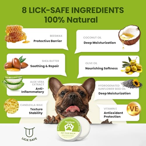 PawSono Lick-Safe Dog Paw & Nose Balm with Coconut Oil | All-Natural Moisturizer & Soother for Dry, Cracked Pads & Snout | Heat & Cold Pavement Protection Wax, Nose Butter for Bulldogs (2.1 oz / 60 g)