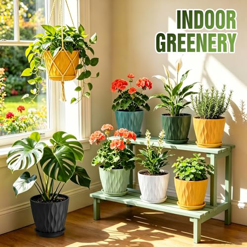8 Inch Plant Pots 4 Pack Plastic Planters with Drainage & Saucers | 8 inch 4 pack plastic plant pots with 3D water ripple texture, drainage holes and saucers for indoor outdoor plants