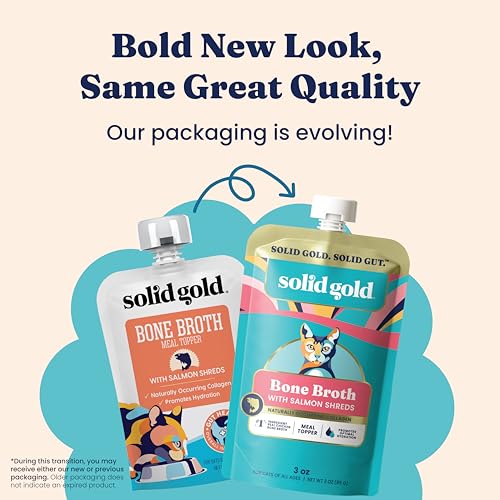 Solid Gold Bone Broth Cat Food Topper - Limited Ingredient Lickable Cat Broth Pouches w/Salmon Protein Shreds & Collagen for Hydration & Gut Support - Easy to Serve Gravy for Cats Meal Topper - 12ct