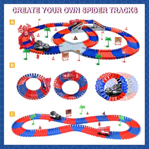 Spider Hero Monster Truck Toys for 3 4 5 6 7 8 9 Year Old Boys Girls: Race Track Set with 2 Spider Cars Electric Vehicle Kids Toys Gift for Boys Girls Age 3-9 Years Birthday Presents（212PCS）
