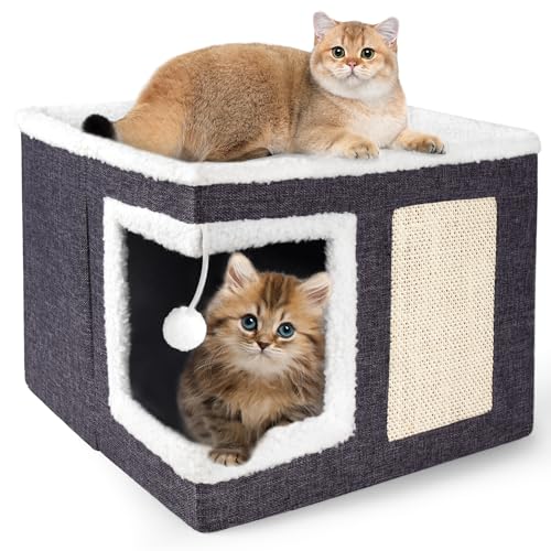 Loyareal Cat Houses for Indoor Cats - Large Cat Bed Cave with Scratch Pad and Fluffy Ball, Foldable Cat Condo Hideaway with Reversible Cushion for Multi Small Pet, Dark Grey
