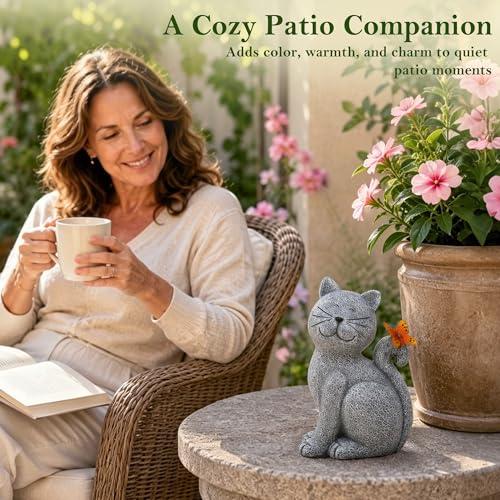 Cat Outdoor Statues for Garden with Solar Butterfly | IP65 Waterproof,Outside Decor, Yard Art Lawn Ornaments, Porch Patio Balcony Home House, Gifts for Mom Grandma Women