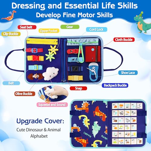 Esjay Toddler Busy Board Montessori Toys for Boys, Sensory Book Educational Activities for Learning Fine Motor Skills, Birthday Gifts for Boys Toddlers, Travel Toys for Airplane Car, Blue Dinosaur