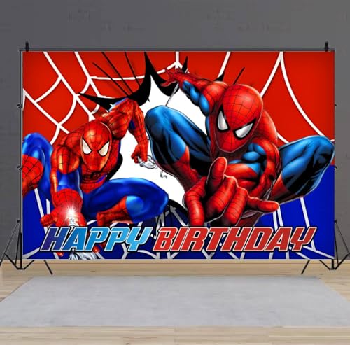 Spider Birthday Party Decorations, 5x3ft Happy Birthday Back Drop Banner Theme Backdrop Banner for Spider Party Decorations Indoor Outdoor.