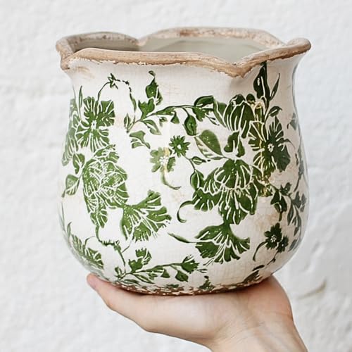 Xiaan Jiaju Tuscan Ceramic Plant Pots, Vintage Planter & Vase with Drainage | 6.11" Decorative Vases and Flower Pots for Indoor Plants, Farmhouse Home Kitchen Garden Decor, Plant Lover Gifts, Green