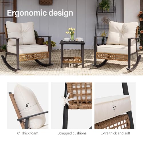 3-Piece Rocking Bistro Set, Outdoor Patio Furniture with Thick Cushions and 2-Tier Coffee Table, Oversize Rattan Conversation Set for Garden, Balcony, Backyard (Beige)
