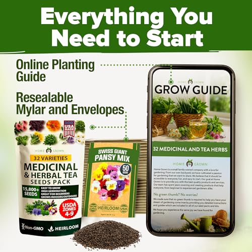 HOME GROWN Herb Seeds 32 Medicinal Herbs and Tea Variety Pack | Annual & Perennial Herb Seeds for Planting Indoors & Outdoor – Non-GMO, Easy to Grow, High Germination Garden Kit