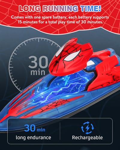 Spider Hero RC Boat, 2.4GHz Remote Control Boat with LED Lights for Kids, Pool Toy with 2 Rechargeable Batteries, Spray Function, and Low Battery Alarm for Boys & Girls