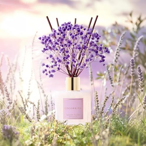 Reed Diffuser - Lavender Garden 6.7 Fl.oz Reed Diffuser Set with Sticks & Preserved Baby's Breath, Reed Diffuser for Home Bathroom Shelf Decor