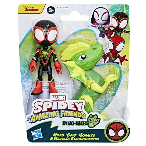 Spidey and his Amazing Friends Marvel Dino-Webs, Miles Spin Morales & Marvel's Electrosaurus Action Figures, Super Hero Toys for Kids Ages 3 and Up