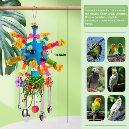 Parrot Toys Bird Toys Perch Pullable Stainless Steel Spoons Colorful Acrylic Stick Chew Toys for s Mini Macaws African Greys Cockatoos Conures, Cockatiels, Lovebirds, Parrotlets and Other (blue)