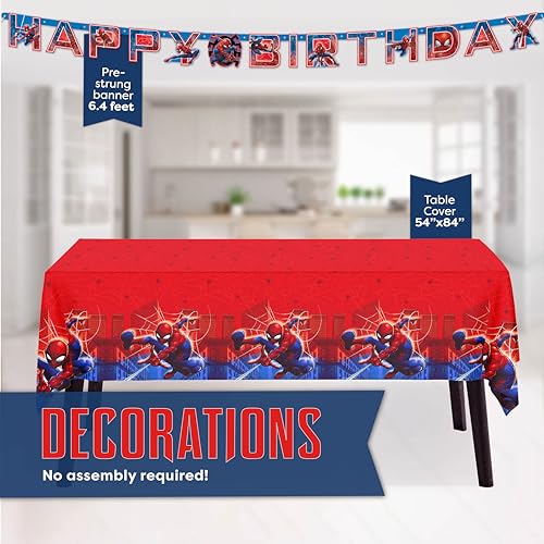 Spiderman Birthday Decorations | Spiderman Party Supplies | Serves 16 Guests | Marvel Superhero Spidey and His Amazing Friends | Table Cover, Spider Man Banner, Plates, Napkins, Masks and Button |