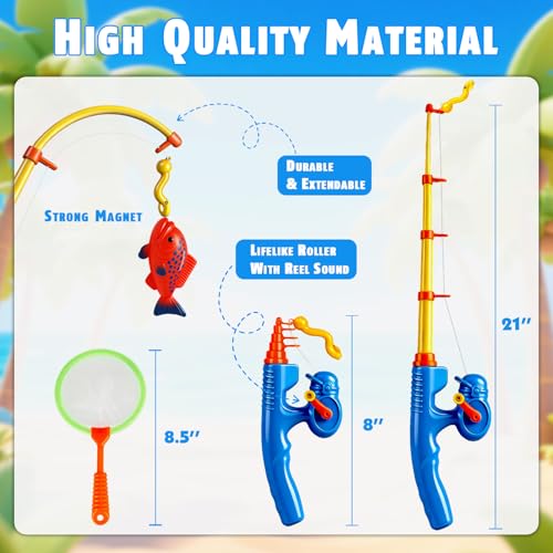 CozyBomB™ Magnetic Fishing Toys Game Set for Kids | Water Table Bathtub Kiddie Pool Party Pole Rod Net, Outdoor Plastic Floating Fish, Toddler Bath Color Ocean Sea Animals Birthday Gift Age 3-5 6 4-8