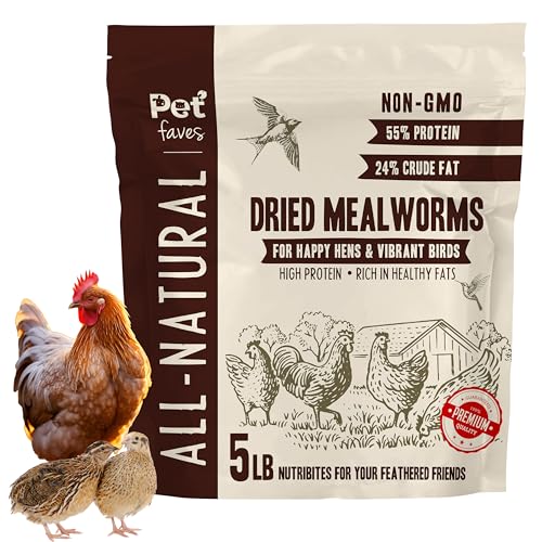 Pet Faves Dried Mealworms for Chickens, Birds, Hamster, Reptile and Turtle - Premium Non-GMO Treats with 55% Protein for Laying Hens - Organic Food for Wild Bird, Bluebirds, Robins, Cardinals. 5 Lb