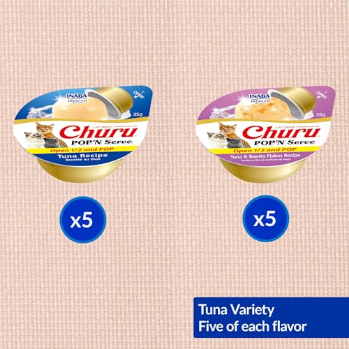 INABA Churu Pop'N Serve Jelly Cat Treat with Vitamin E & Taurine, 1.2 Ounce Cup, 10 Cups, Tuna Variety