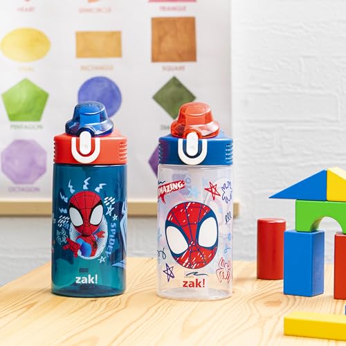 Zak Designs Marvel Spider-Man Sage Kids Water Bottle For School or Travel, 16oz Durable Plastic Water Bottle With Straw, Handle, and Leak-Proof Spout Cover, 2-Pack (Spidey and His Amazing Friends)