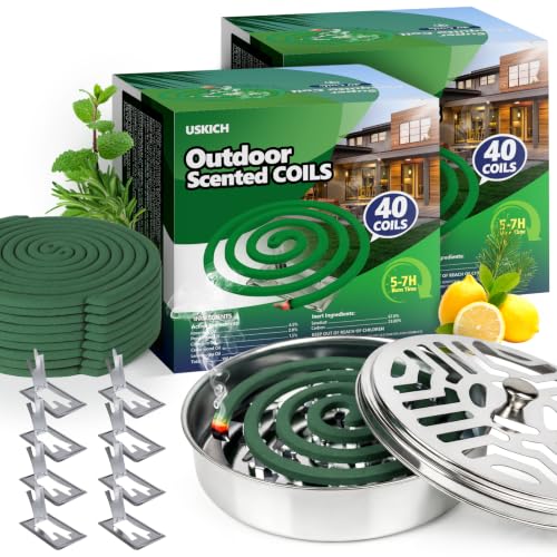 Natural Essential Oil Scented Coils for Outdoor Patio & Backyard, Fresh Long-Lasting Aroma, Each Coil Burns 5–7 Hours, Includes 80 Coils, 4 Holders & 8 Stands