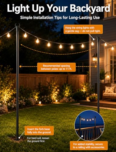 4 Pack String Light Poles for Outside with Ground Stakes and Fence Clips | Adjustable 7-section metal patio light poles for string lights and lanterns; for garden, patio, backyard and outdoor decor.