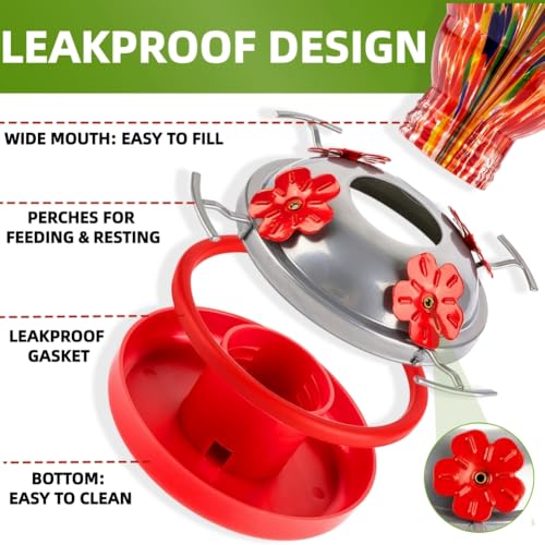 WOSIBO Hummingbird Feeder for Outdoors Patio Large 32 Ounces Colorful Hand Blown Glass Hummingbird Feeder with Ant Moat Hanging Hook, Rope, Brush and Service Card (RED-Firework)