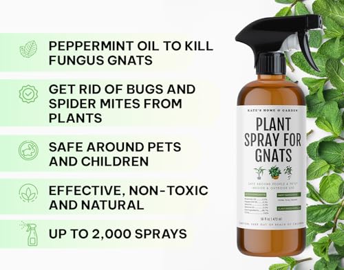 Kate's Home & Garden Plant Spray for Insects & Gnats, 12 Sticky Traps, 16oz | Pet Safe, Non Toxic, Peppermint Fungus Gnat Killer & Bug Spray for Indoor Plants