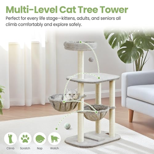 Small Cat Tree Tower with Lots of Scratching Posts - 42 Inch Medium Compact Cats Scratch House with Hammock Perch for Multi Level 2 Kitty - Indoor Corner Cat Bed Condo Climbing Gym Towers Furniture