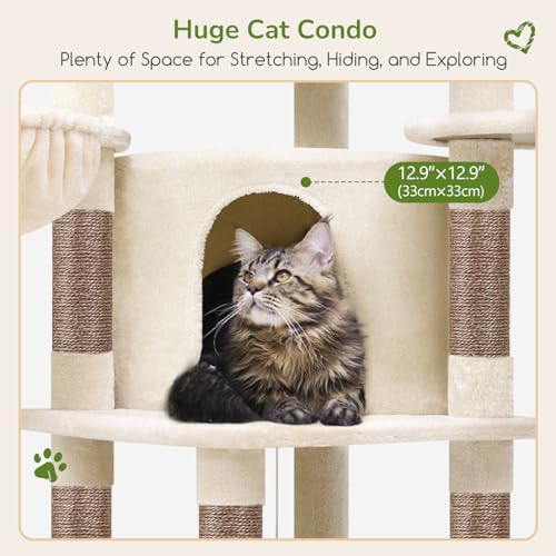 Globlazer Corner Cat Tree, 51in Curved Series Modern Cat Tower for Indoor Cats with Hammock, 7 Sisal Scratching Posts, Large Fan-Shaped Platform for Large Cats, Cat Condo & Hanging Basket, C51, Beige