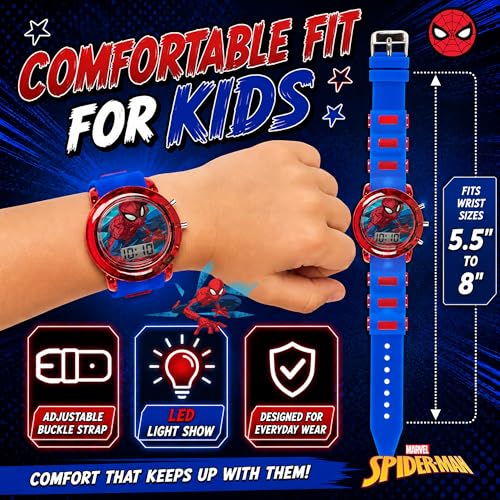 Marvel Spider-Man Kids' LCD Watch – Flashing LED Bullet Band, Digital Time Display, Red & Blue Design, Durable Plastic Case, Adjustable Silicone Strap – Fits Wrists 5.5" to 8"