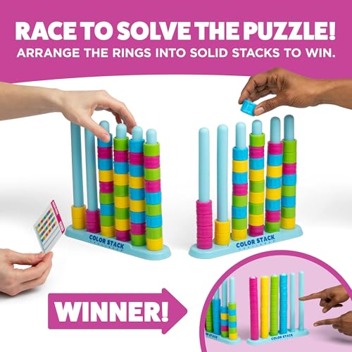 Color Stack Challenge by Relatable – A Fast-Paced Color Matching Puzzle Game for Fun Parties and Family Game Night. Includes 2 Stack Racks, 50 Challenge Cards, 80 Rings & Instructions.