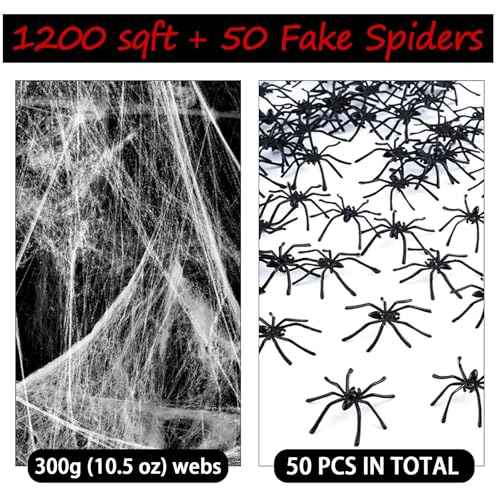 1200 sqft Halloween Spider Webs and 50pcs Fake Spiders Super Stretch Cobwebs Party Decorate for Halloween Theme Indoor and Outdoor Decoration