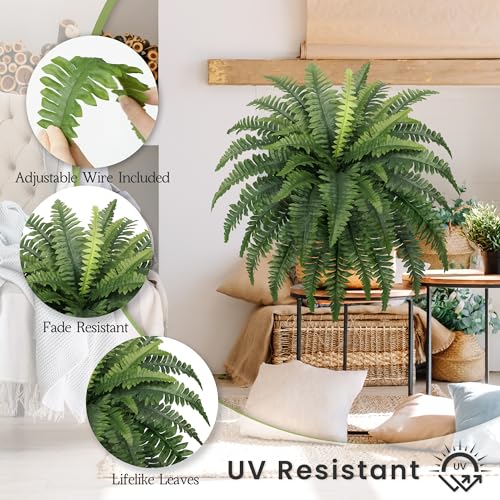 FOREST PRINCE 35" Fake Ferns Artificial Boston Ferns for Outdoors 4-Pack | UV-Resistant, Low Maintenance & Pet Friendly, 39 Fronds Each, Large Bushes Plants, Garden, Porch & Patio Decor