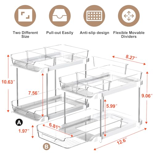 Delamu 2-Tier Multi-Purpose Bathroom Under Sink Organizers and Storage, Stackable Kitchen Pantry Organization, Pull Out Medicine Cabinet Organizer with Movable Dividers, White, 2 Pack