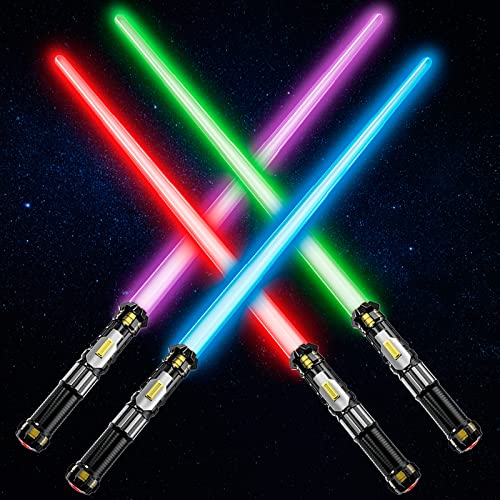 Cawiew 4 Pack Light up Sword Saber with FX Sound (on-Off Control) and Full Retractable Handle, 4 Colors LED Glow in The Dark Toy for Kids Adult