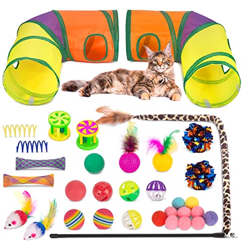 Retro Shaw Cat Toys Pack 33Pcs, Interactive Kitten Toys for Indoor Kittens Cats, Collapsible Kitty Play Tunnel Tent Feather Wand Balls Bell Springs Mouse Kitty Toys for All Breeds (2 Tunnel)