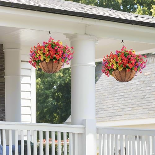 Hananona 2 Set Artificial Outdoor Flowers with Hanging Basket, 2 Hanging Planters with 24 Pcs Flowers for Spring Summer Front Porch Garden Patio Home Decor (2, Red, Purple, Yellow, Rose Red)