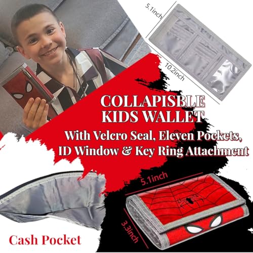 Red Superhero Wallet and Red Kids Backpack Gift Set | 12”x16”x6” Children's School Bags & 5”x10” Kids Wallet for Boys and Girls with Spidey Movie Theme - Back-To-School Bags