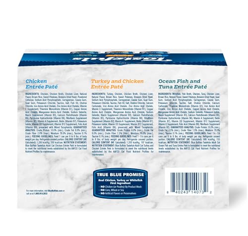 Blue Buffalo Tastefuls Wet Cat Food Paté Variety Pack, Made with Natural Ingredients, Chicken, Turkey & Chicken, Ocean Fish & Tuna Entrées, 5.5-oz Cans (24 Count, 8 of Each)