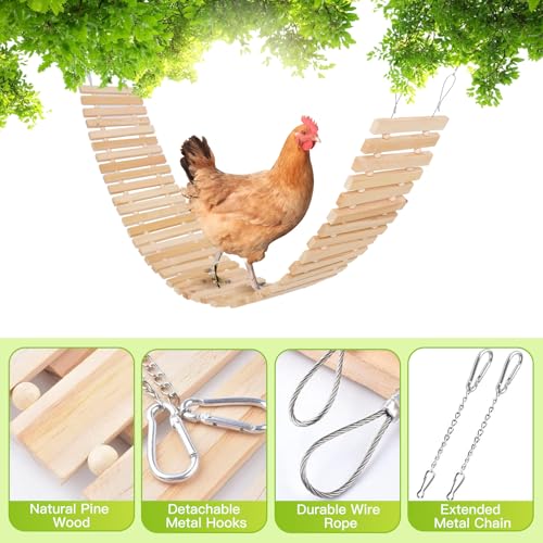 Jorewood Chicken Coop Toy Natural Wooden Chicken Swing & Bridge Toys Multi-Functional Poultry Perch with Wooden Beads (Safe for Chickens/Ducks)