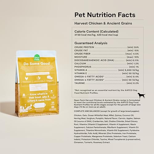Open Farm, Ancient Grains Dry Dog Food, Protein-Rich & Nutrient Dense, 90% Animal Protein Mixed with Non-GMO Fruits, Veggies and Superfoods, Harvest Chicken Recipe, 22lb Bag