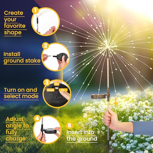 GIGALUMI Garden Decor Outdoor Lights 120LED 2Pack, Solar Garden Lights Outside Fairy Firework Decorative,Solar Powered for Yard Pathway Flowerbed Planter Balcony Patio 4th of July Decor (Warm White