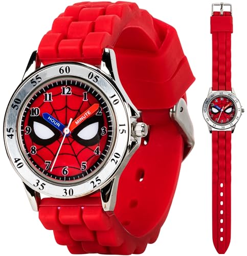 Spiderman Time Teacher Watch for Kids - Red Silicone Strap, Easy-to-Read Dial, Water Resistant, with Special Tin