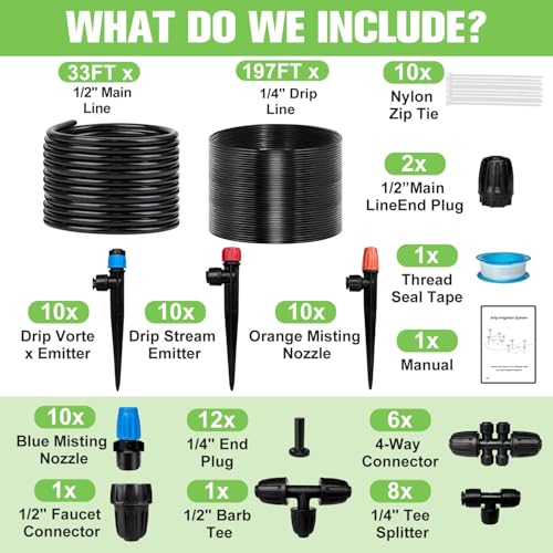 230FT Drip Irrigation System for Garden with 40 Nozzles & Emitters, Garden Watering System with 1/2" & 1/4" Tube and Barbed Fittings - Adjustable Sprinklers Kit for Greenhouse, Lawn, Raised Bed
