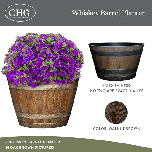 Whiskey Barrel Planter, Resin Garden Pot, 20.5" Kentucky Walnut | Wood Finish Flower Plant Pots, Indoor & Outdoor Planter, Weather-Resistant, Great for Patio, Home & Garden Decor Accent