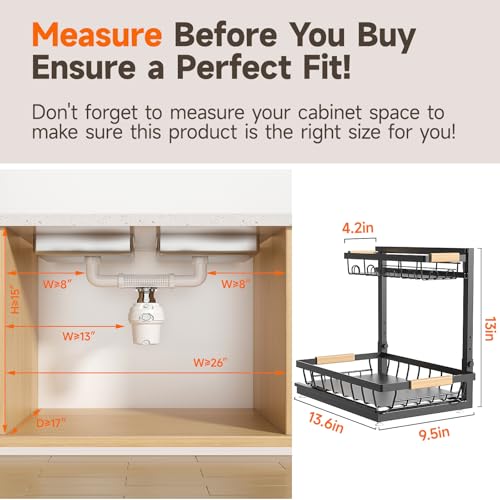 Sevenblue 2 Packs Under Sink Organizer, Height Adjustable 2 Tier Under Kitchen Sink Organizer, Multi-Purpose Storage Shelf for Kitchen Bathroom Cabinet (Black, Large)