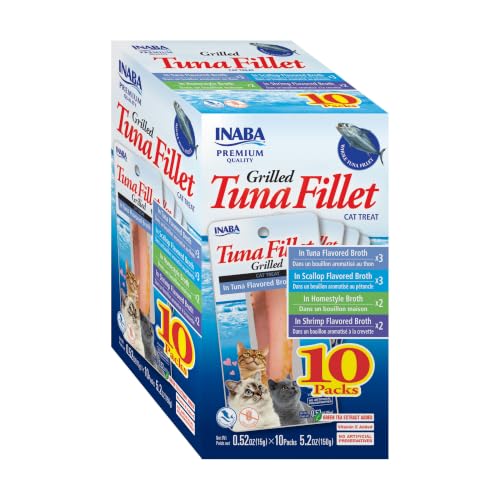 INABA Premium Grilled Tuna Fillet Cat Treats with Vitamin E and Green Tea Extract, 0.52 Ounces Each, Pack of 10, Variety Box