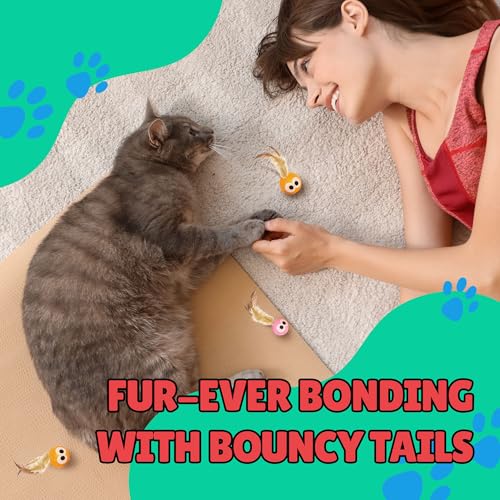 Bouncy Tails 5 Pack Interactive Bouncy Ball with Natural Feathers for Indoor Cats and Kittens who Love to Play and Have Fun.