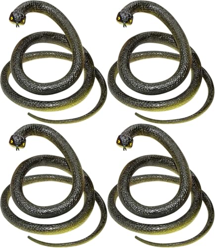 Fake Snake Soft Rubber Snake Toy, 4 Pieces Realistic Plastic Snakes for Garden to Keep Birds Away, Novelty Toys for Playing Jokes Prank Stuff Props for Halloween April Fools Party Favor