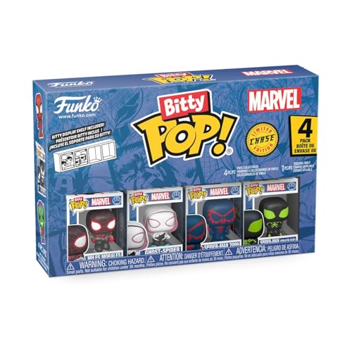 Funko Pop! Bitty: Spider-Man - Miles Morales, Ghost Spider, Spider-Man 2099, and Mystery Chase Figure - 0.9 Inch (2.2 Cm) - Marvel Comics Collectable - Stackable Display Shelf Included - Gift Idea