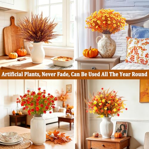 20 Bundles Artificial Fall Flowers for Outdoors Fall Decorations for Home | UV Resistant Fake Mums Faux Fall Plants Plastic Flowers for Garden Porch Fireplace Patio Indoor Autumn Thanksgiving Decor