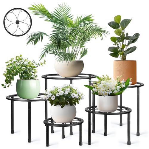 Amaoot 5 Pack Metal Plant Stand, Iron Plant Stands for Indoor and Outdoor | Flower Pot Stands for Multiple Plant, Black Potted Plant Holder for Garden Home